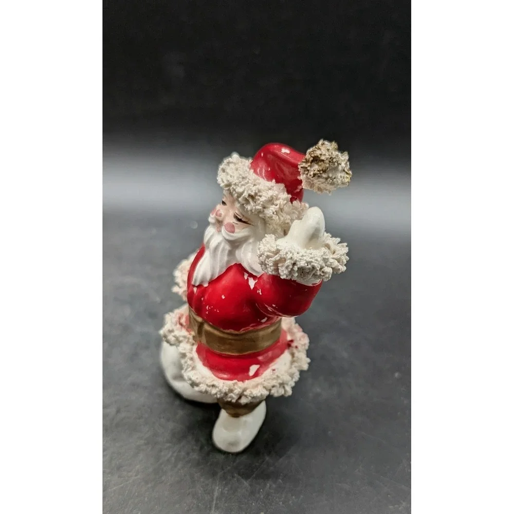 Vintage Ceramic Santa Claus‎ Figurine Spaghetti Trim Red White Waving 4 inch